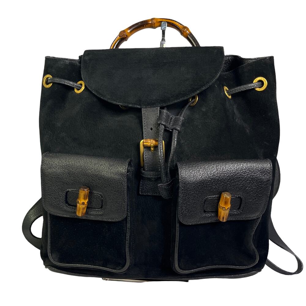 Gucci Vintage Bamboo Black Suede Leather Backpack Rucksack 003 2058 0016